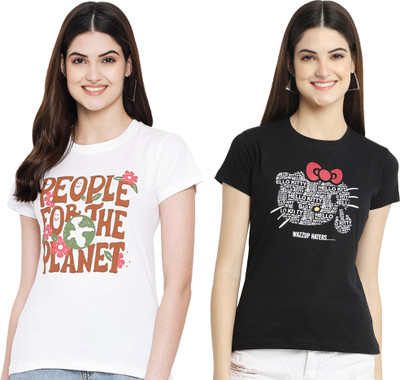 Tromko Printed Women Round Neck Black, White T-Shirt
