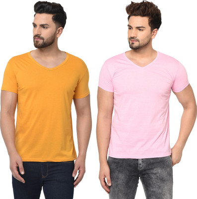 Adorbs Trend Solid Men V Neck Yellow, Pink T-Shirt