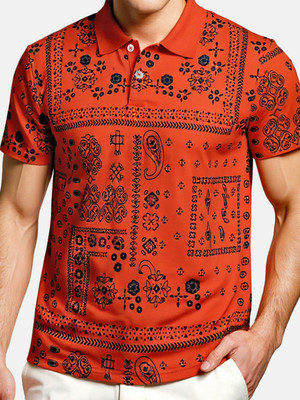 Hushbucks Printed Men Polo Neck Orange T-Shirt