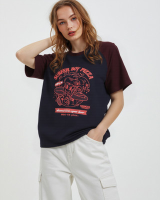 METRONAUT Printed Women Round Neck Navy Blue T-Shirt