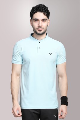 wewok Self Design, Solid, Sporty Men Mandarin Collar Light Blue T-Shirt