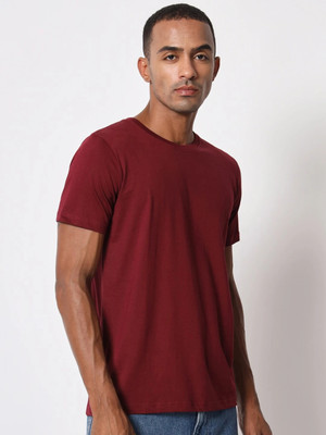 RULEDBYSUN Solid Men Round Neck Maroon T-Shirt