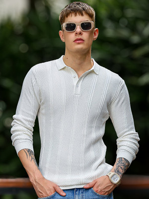 MANIAC Self Design Men Polo Neck White T-Shirt