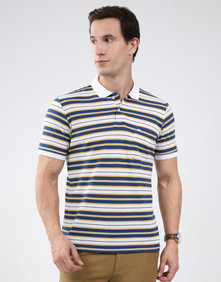 MONTE CARLO Striped Men Polo Neck White T-Shirt