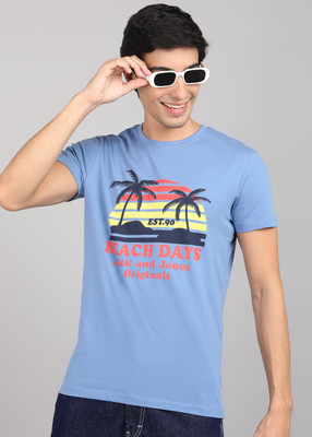 JACK & JONES Printed Men Round Neck Blue T-Shirt