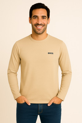 3BROS Solid Men Round Neck Beige T-Shirt