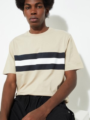 MAX Striped Men Round Neck Beige T-Shirt