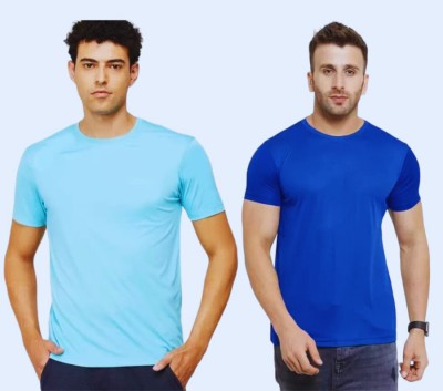 Lasmo Solid Men Round Neck Light Blue, Dark Blue T-Shirt