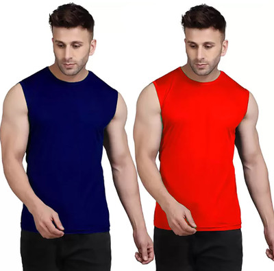 MR THINK Solid Men Round Neck Navy Blue, Red T-Shirt