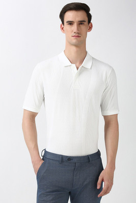 PETER ENGLAND Striped Men Polo Neck White T-Shirt