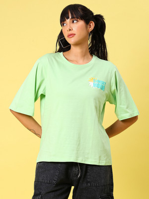 V-MART Printed Women Round Neck Green T-Shirt
