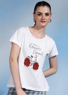 CHOZI Printed, Typography Women Round Neck White T-Shirt