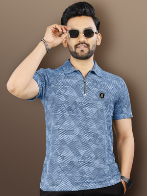 VeBNoR Printed Men Polo Neck Blue T-Shirt