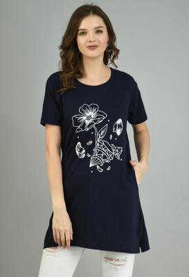 Viral Trend Printed Women Round Neck Blue T-Shirt