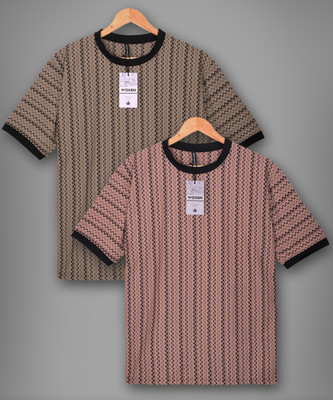 WOXEN Striped Men Round Neck Brown, Pink T-Shirt