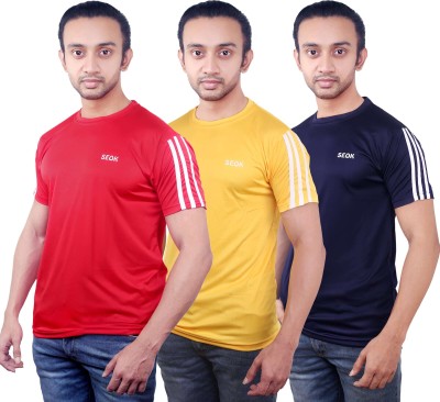 seok Self Design Men Round Neck Red, Yellow, Dark Blue T-Shirt