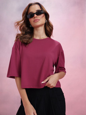 Dressberry Solid Women Round Neck Maroon T-Shirt