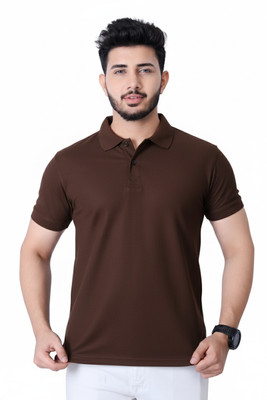 Ellegory Solid Men Polo Neck Brown T-Shirt