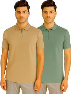 R ROCKIN TEES Self Design Men Zip Neck Beige, Green T-Shirt