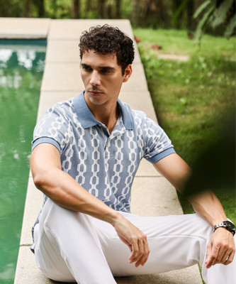 CAMPUS SUTRA Geometric Print Men Polo Neck Blue T-Shirt