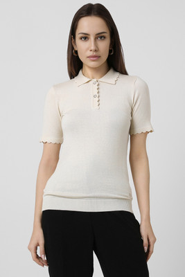 VAN HEUSEN Solid Women Polo Neck White T-Shirt