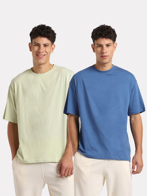 NOBERO Solid Men Round Neck Light Green, Blue T-Shirt