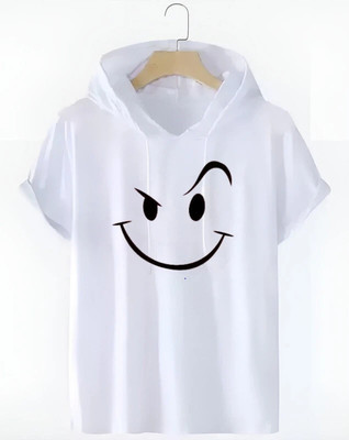 baquax Printed, Typography Men Hooded Neck White T-Shirt