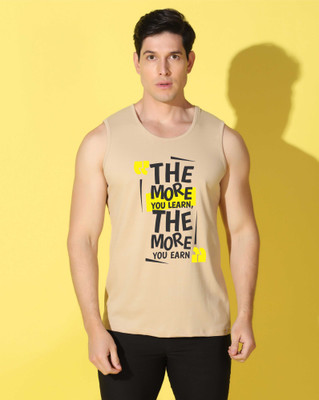 WOOSTRO Graphic Print Men Scoop Neck Beige T-Shirt