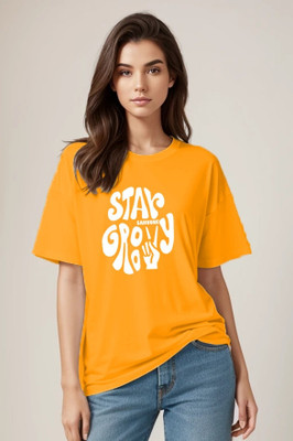 etsun Typography Women Round Neck Yellow T-Shirt