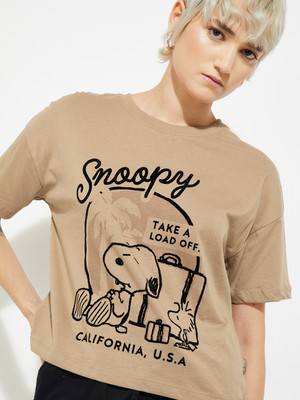 MAX Printed Women Round Neck Beige T-Shirt