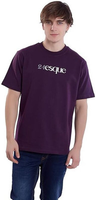 24esque Typography Men Round Neck Purple T-Shirt