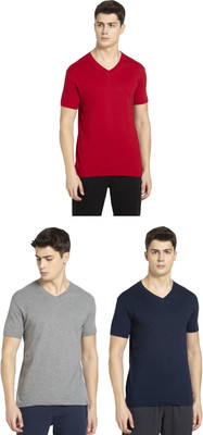 JOCKEY Solid Men V Neck Grey, Dark Blue, Red T-Shirt