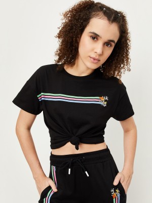 MAX Striped Women Round Neck Black T-Shirt