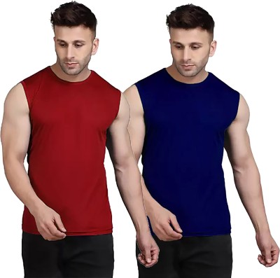 Think Tech Solid Men Round Neck Maroon, Dark Blue T-Shirt