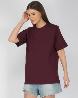 Earthstick Solid Women Round Neck Purple T-Shirt