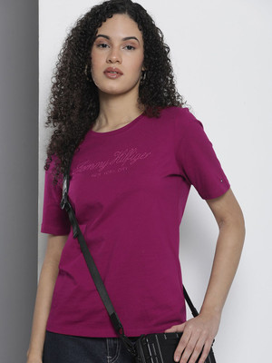 TOMMY HILFIGER Self Design, Printed Women Round Neck Maroon T-Shirt