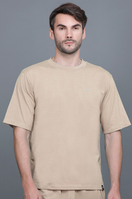 GODFREY Solid Men Round Neck Beige T-Shirt