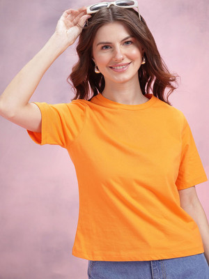 Dressberry Solid Women Round Neck Orange T-Shirt