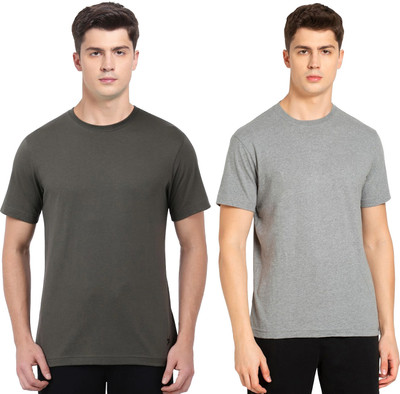 JOCKEY Solid Men Round Neck Dark Green, Grey T-Shirt