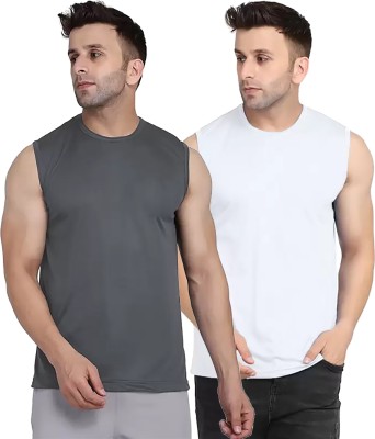 Think Tech Solid Men Round Neck Grey, White T-Shirt