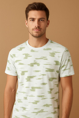 thehabit Abstract, Printed Men Round Neck White T-Shirt