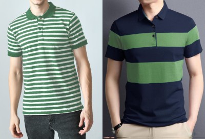 FREAKS Striped Men Polo Neck Dark Blue, Green, White T-Shirt