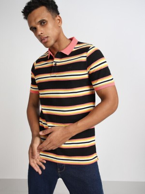 LEE Striped Men Polo Neck Black T-Shirt