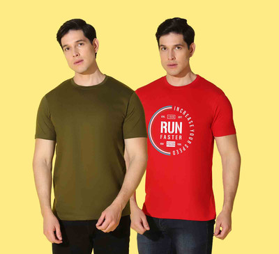 WOOSTRO Printed, Solid Men Round Neck Green, Red T-Shirt