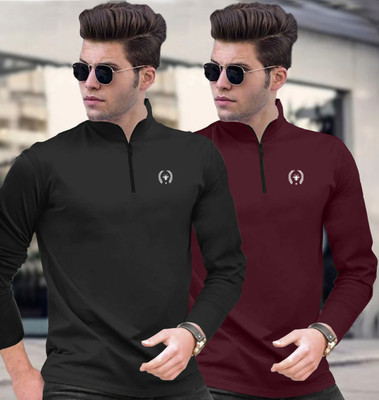 FastColors Solid Men Zip Neck Black, Maroon T-Shirt