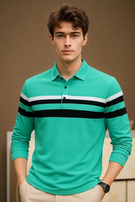 Autna Striped Men Polo Neck Green T-Shirt