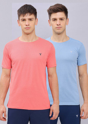 TECHNOSPORT Solid Men Round Neck Blue, Red T-Shirt