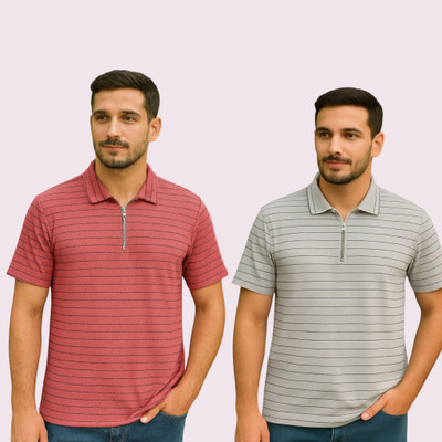 METRONAUT Striped Men Polo Neck Pink, Grey T-Shirt