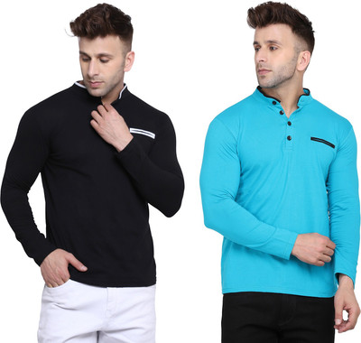 tfurnish Solid Men Mandarin Collar Light Blue, Black T-Shirt