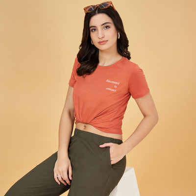 Honey By Pantaloons Solid Women Round Neck Orange T-Shirt